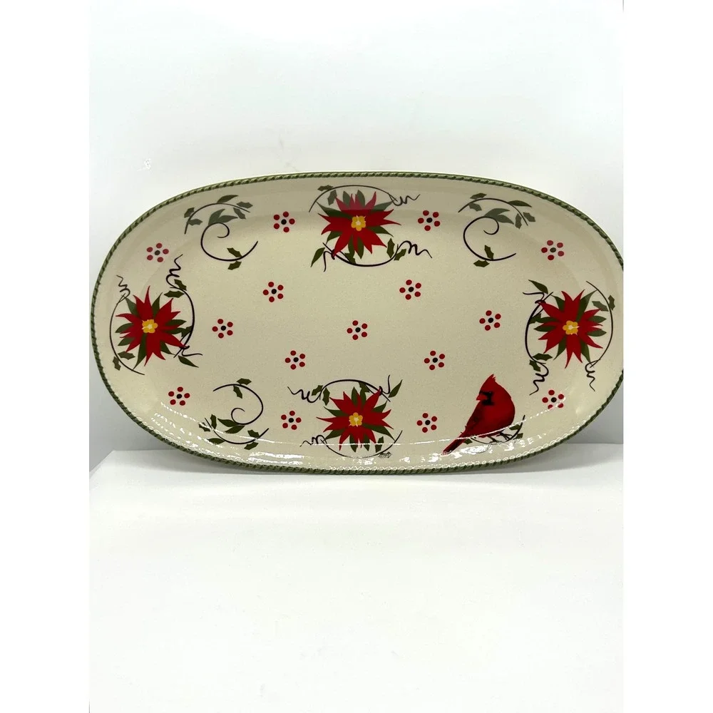 Temp-tations by Tara Winter Whimsy Cardinal Poinsettia Oval Serving Platter 12in